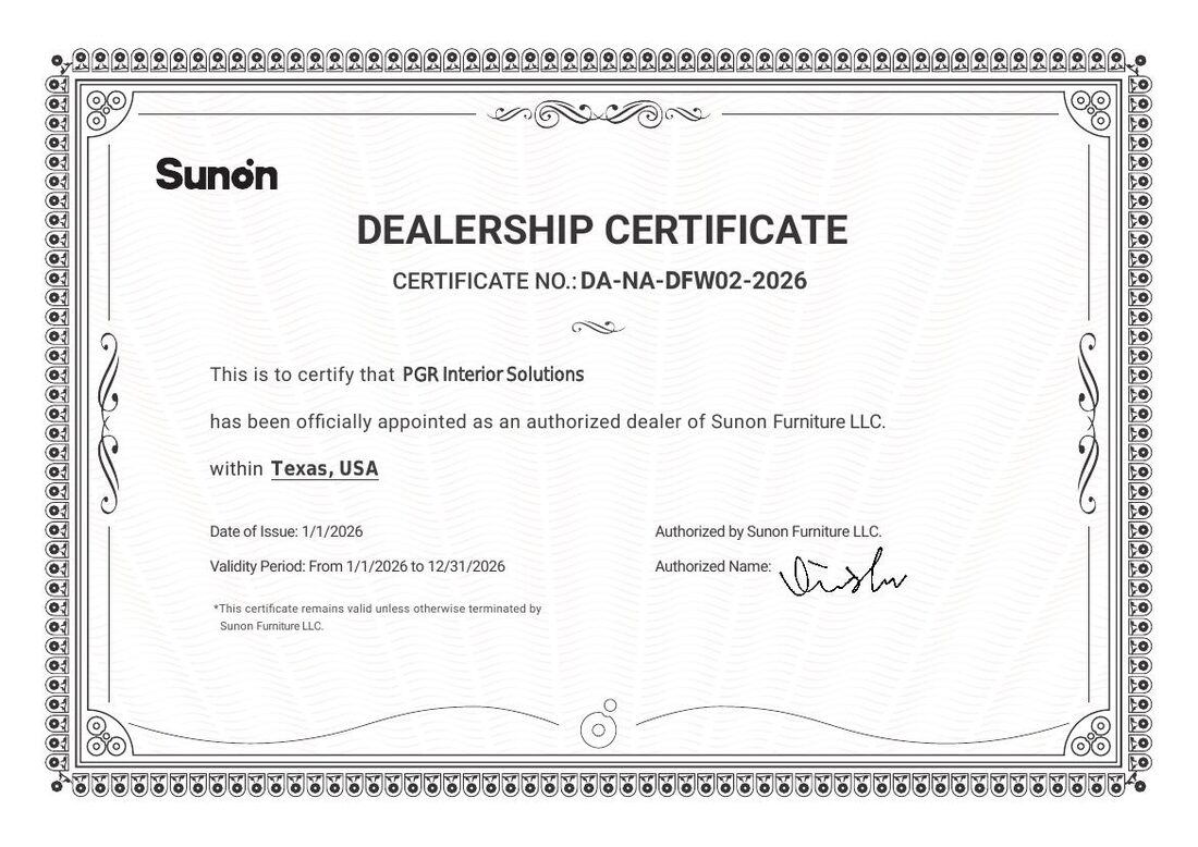 SUNON dealership certificate for PGR Interior Solutions